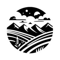 Black and white circular depicting stylized mountain range, rolling fields, wheat, and clouds against white background. vector