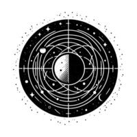 Celestial Schematic A Black and White Illustration of a Lunar Phase Within an Orbital Diagram, Surrounded by Starfield Elements. vector