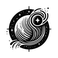 Abstract Celestial Illustration A Black and White Featuring a Starburst Core Within a Swirling Galaxy, Surrounded by a Circular Frame. vector
