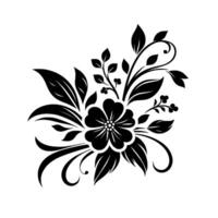 Elegant Black and White Floral Arrangement, Featuring a Central Blossom, Leafy Sprays, and Curling Tendrils on a White Background. vector