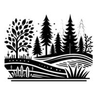 Black and White Stylized Forest Landscape Featuring Trees, Rolling Hills, and Abstract Grass, Evoking a Simple, Aesthetic vector