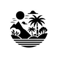Black and White Minimalist Tropical Island Scene Sun, Palm Trees, Mountains, and Ocean within a Circular Design. vector
