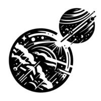 Black and white geometric celestial illustration planet, orbiting satellite, sunburst, cloudscape, and stardust. vector
