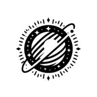 Minimalist Black and White Illustration of a Celestial Body with Orbit, Stars, and Radial Burst Elements vector