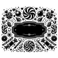 Black and White Candy Frame Ornate with Sweets, Dots, Hearts, and a Blank Label. vector