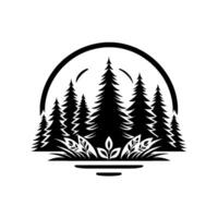 Black and white minimalist forest scene, set within a partial arch, featuring pine trees, foliage, and a horizontal bar. vector