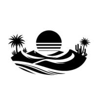 Monochromatic desert landscape with silhouetted dunes, cacti, palm trees, and a sun over the horizon in bold black and white. vector