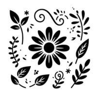 A symmetrical black and white floral illustration with a large daisy surrounded by various leaves, swirls, and decorative elements, on a plain background. vector