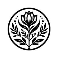 Stylized Black and White Floral Emblem A symmetrical arrangement of a flower, leaves, and berries within a circular frame, evoking simplicity and nature. vector
