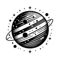 Stylized monochrome planet with striped surface, prominent ring, orbiting dots, and surrounding starbursts against a white background. vector