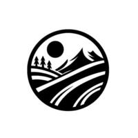 Minimalist Black and White Circular of Mountain Landscape, Sun, and Fields. Nature Inspired Design. vector