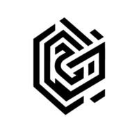 A sleek, black and white geometric design, resembling a stylized, interconnected network within a hexagonal frame, set against a white backdrop with a subtle drop shadow. vector