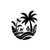 Silhouette Desert Oasis A monochrome circular showcasing a camel amid palm trees and stylized vegetation against a white backdrop. vector