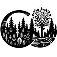Stylized Black and White Forest Landscape Design Overlapping Circles, Trees, and NatureInspired Illustrations in a Minimalist Art Style. vector