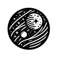 Circular Black and White Celestial Design Stylized depiction of a universe with stars, planets, and nebulas in a minimalist, illustrative style. vector