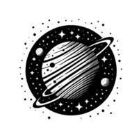 Monochromatic Illustration of a Ringed Planet Surrounded by Stars and Satellites in a Circular Cosmic Design. vector