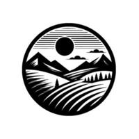 Stylized Black and White Landscape in Circular Frame featuring Fields, Mountains, Sun, and Clouds. vector