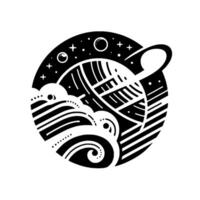 Celestial Black White Illustration of a Ringed Planet Amid Clouds Stars, Geometric in a Circular Composition. vector