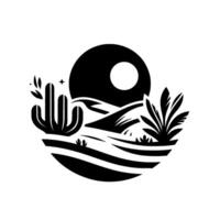 Minimalist Black and White Desert Landscape Circular Composition Featuring Cacti, Hills, and Celestial Bodies vector