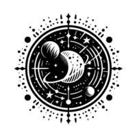 Black and white celestial illustration Planets, stars, and a cosmic compass design, centered on a white background. vector