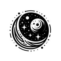 Black and White Celestial Icon Crescent Moon, Stars, and Spiraling Planet within a Circular Border. vector