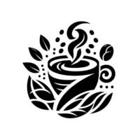 Minimalist Black and White Illustration of Steaming Coffee Cup Surrounded by Leaves, Beans, and Dots vector