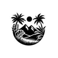 Monochromatic landscape emblem featuring mountain silhouettes, palm trees, sun, and lush foliage within a rounded frame. vector