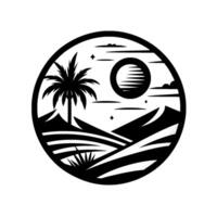Black and White Silhouette of a Tropical Landscape within a Circle, Featuring Palm Trees, Mountains, a Moon, and Stars. vector