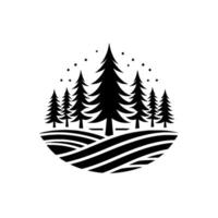 Minimalist Black and White Forest Scene in a Rounded Frame Evergreen Trees on Rolling Hills Under a Starry Sky. vector