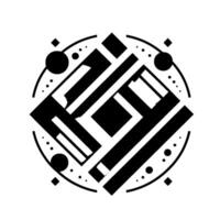 Geometric, symmetrical black and white art piece featuring a central square interwoven with rectangular bars inside a dotted circular frame. vector