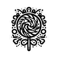 Whimsical, symmetrical, black and white illustrative lollipop with ornate swirling patterns and decorative flourishes. vector