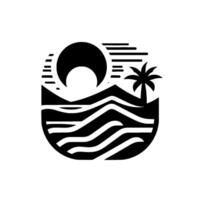 A stylized black and white coastal landscape featuring a sun partially obscured, mountains, a palm tree, and wavy ocean lines in a circular frame. vector
