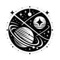 Black and white celestial illustration featuring planets, stars, orbiting rings, and cosmic elements within a circular frame. vector