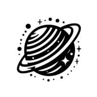 Stylized monochrome Saturn illustration with rings, surrounded by scattered dots, crosses, and starburst on a stark white backdrop. vector