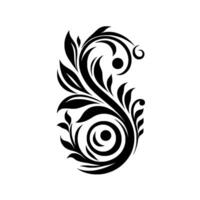 Elegant Black Floral Scroll with Leaves, Spirals, and Circles on a White Background. vector