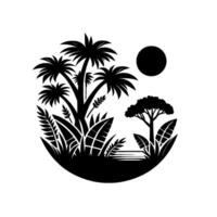 Silhouette of a tropical scene within a circular frame, featuring palm trees, foliage, a round sun, and a secondary tree, all in a minimalist black and white design. vector