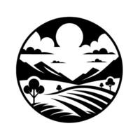 Black and white circular landscape featuring mountains, rolling hills, trees, clouds, and a sunlike shape. vector