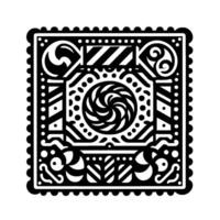 Intricate Black and White Geometric Square with Swirling Center, Floral Motifs, and Dot Border. vector