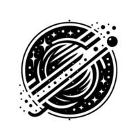 A stark blackandwhite illustration of an alien planet within a starry ring, with diagonal lines and a shooting star element. vector