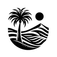 Black and White Stylized Tropical Landscape with Palm Tree, Sun, Mountain, and Water Elements in a Circular Composition. vector