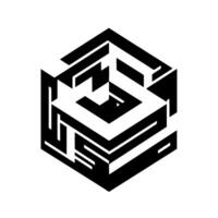Isometric Black and White Geometric Cube with MazeLike Structure, Abstract Design, and Contrasting Elements. vector