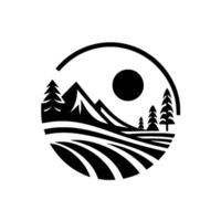 Black and White Circular of a Mountain Landscape with Field, Trees, and Sun. Minimalist Design. vector