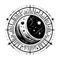 Black and White Celestial Illustration Crescent Moon, Starry Night, and Circular Frame with Cosmic Elements. vector