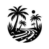 of a tropical landscape featuring palm trees, a winding path, and a sun in a circular black and white design. vector
