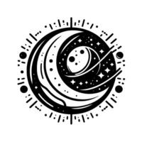 Intricate Black and White Celestial Illustration Crescent Moon, Stars, and Planet within a Stylized Orbital Design, with a decorative border. vector