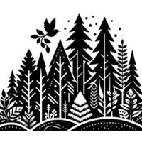 Stylized Black and White Forest Scene Featuring a Bird in Flight, Geometric Trees, and Detailed Foliage vector