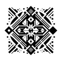 Symmetrical Geometric Ornament in Black, White, and Gray, featuring diamonds, lines, and a central floral design. vector