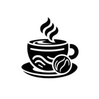A minimalist black and white coffee cup and saucer design, featuring steaming swirls and a coffee bean, on a clean white background. vector