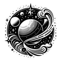Black and white celestial circular illustration featuring a stylized planet, cosmic waves, stars, and a starshaped element, evoking a sense of cosmic wonder. vector