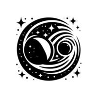 Cosmic Celestial Yin Yang Black and White Circular Featuring Moon Phases, Swirls, Stars, and Celestial Elements. vector